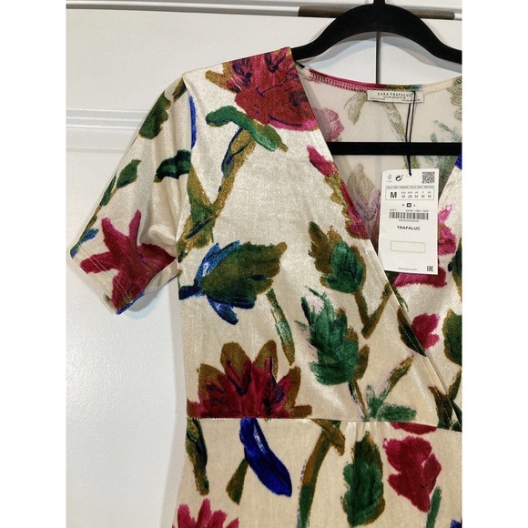 ZARA Velvet Velour Floral Midi Dress V-Neck | Size M - Picture 7 of 14